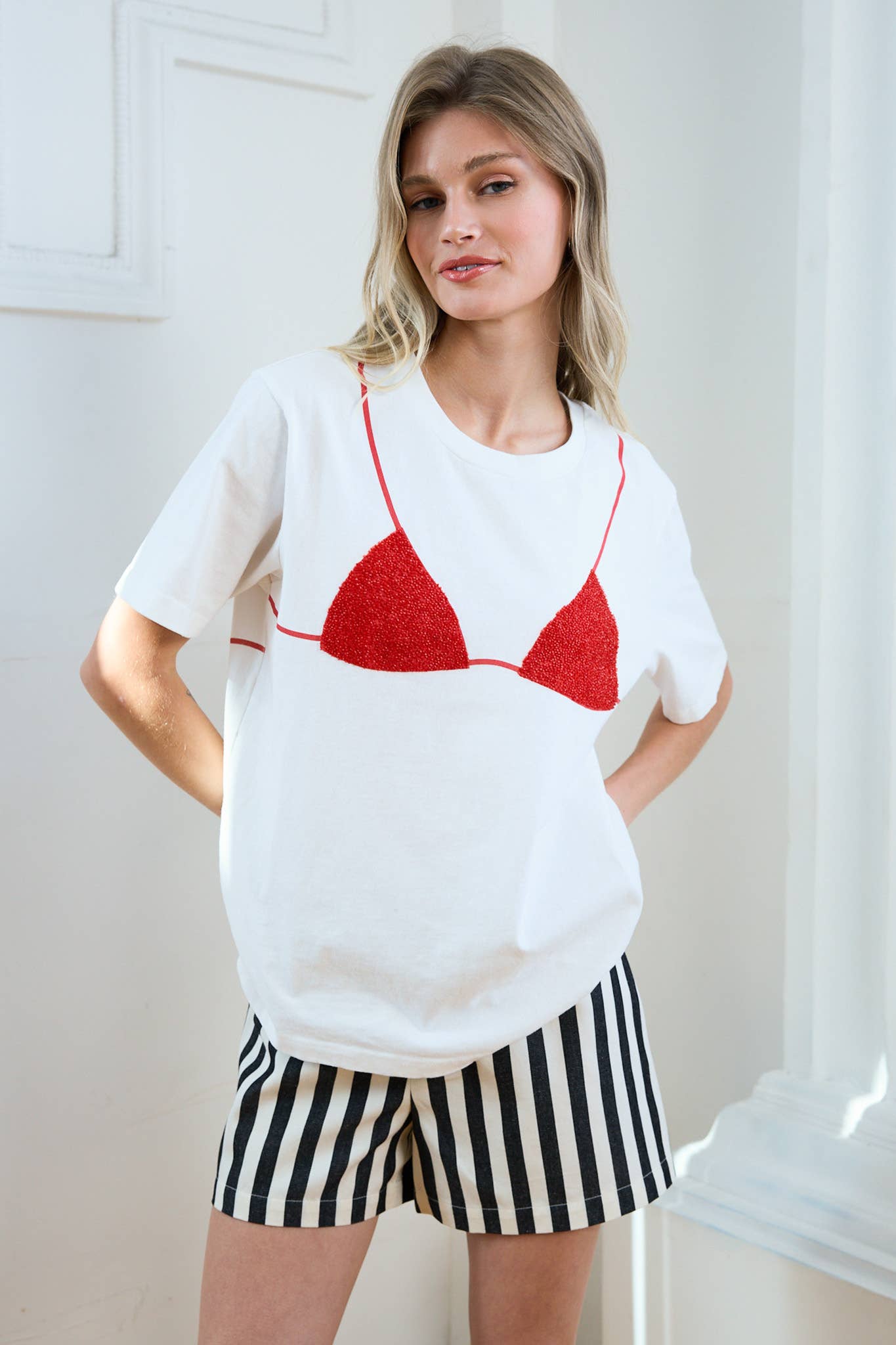 Caviar Print Bikini Graphic Tee - RTK1121: WHITE/RED / S-M-L (3-2-1)